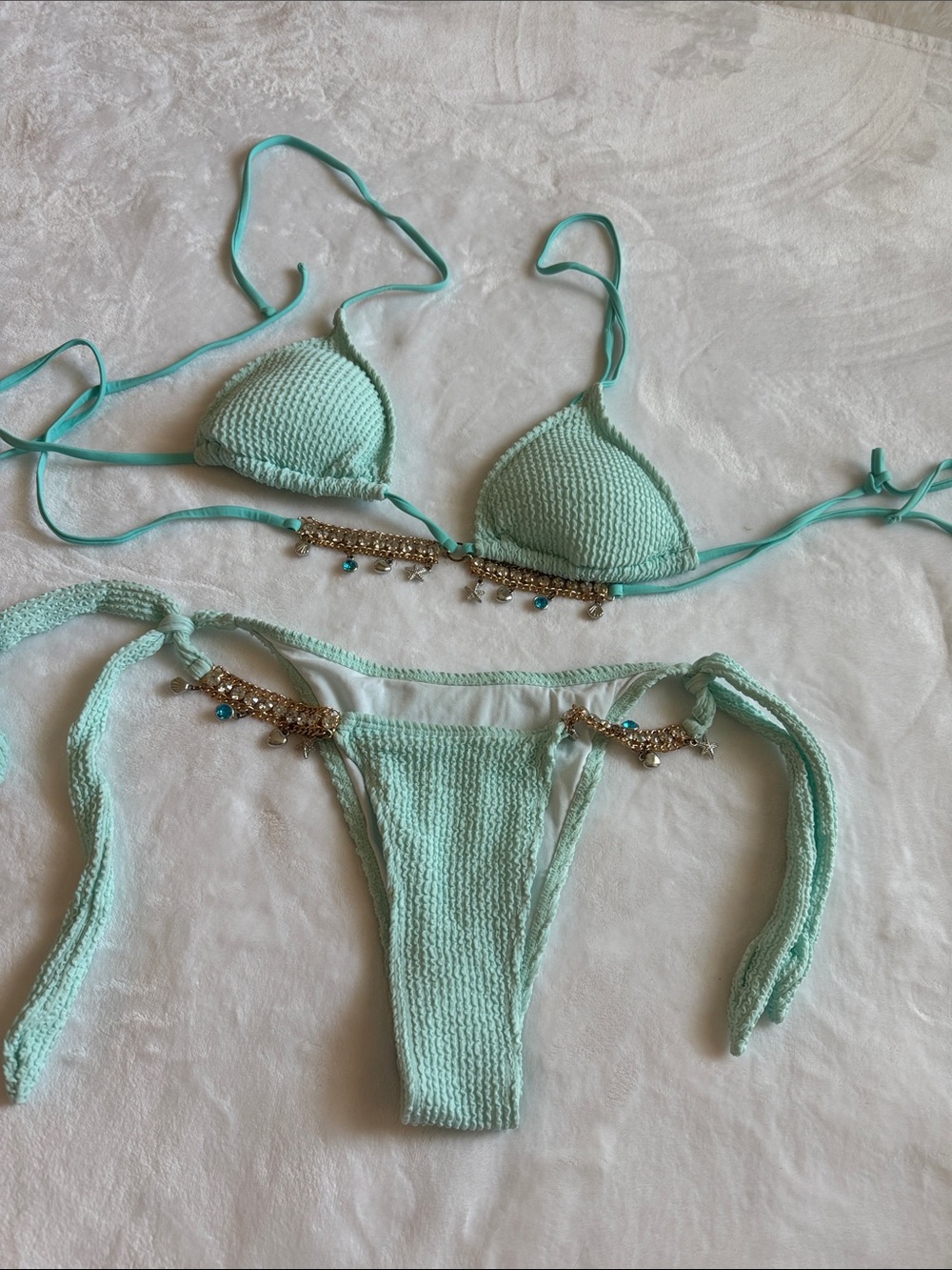 Mint Green Crochet Tie-Side Bikini with Jewel Accents